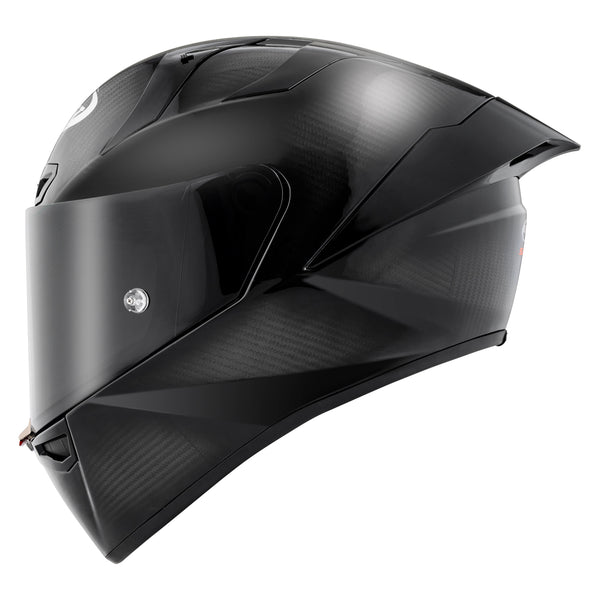 A black Suomy S1-XR Carbon In-Sight Helmet with an optional dark smoke shield attached.